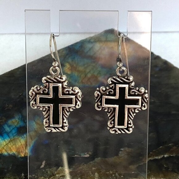 Sterling Silver 925 1.41" Black Enamel Scrollwork Cross Dangle Earrings 11g - Picture 12 of 16